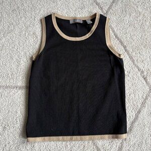 Kate Hill Silk & Cotton Tank Top Black with Tan Contrast Trim Sleeveless Knit